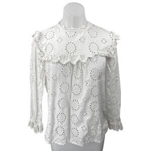 Zara Women's White Embroidered Ruffle Peasant Long Sleeve Blouse Top Size XS